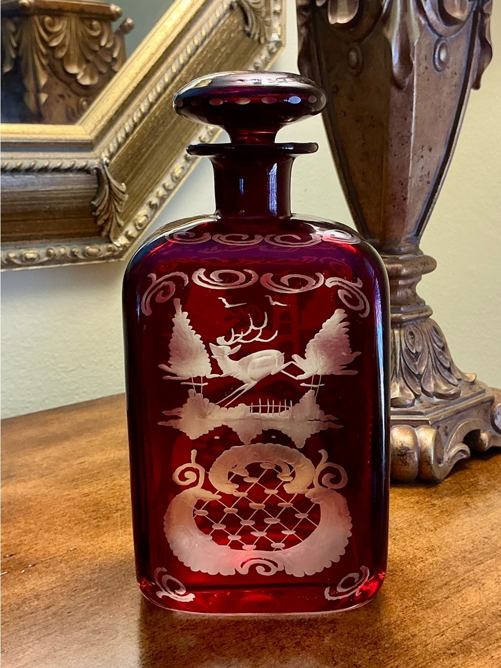 Bohemian Egermann Ruby Red Cut to Clear Glass Decanter with Stopper